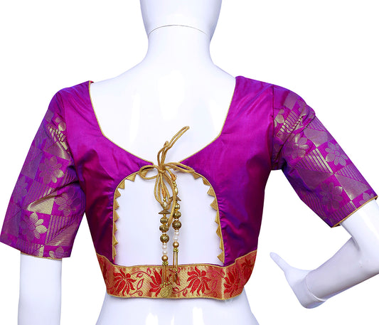 Broad Round neck Magenta Pink with Violet Butta princess Cut Blouse | S3B26