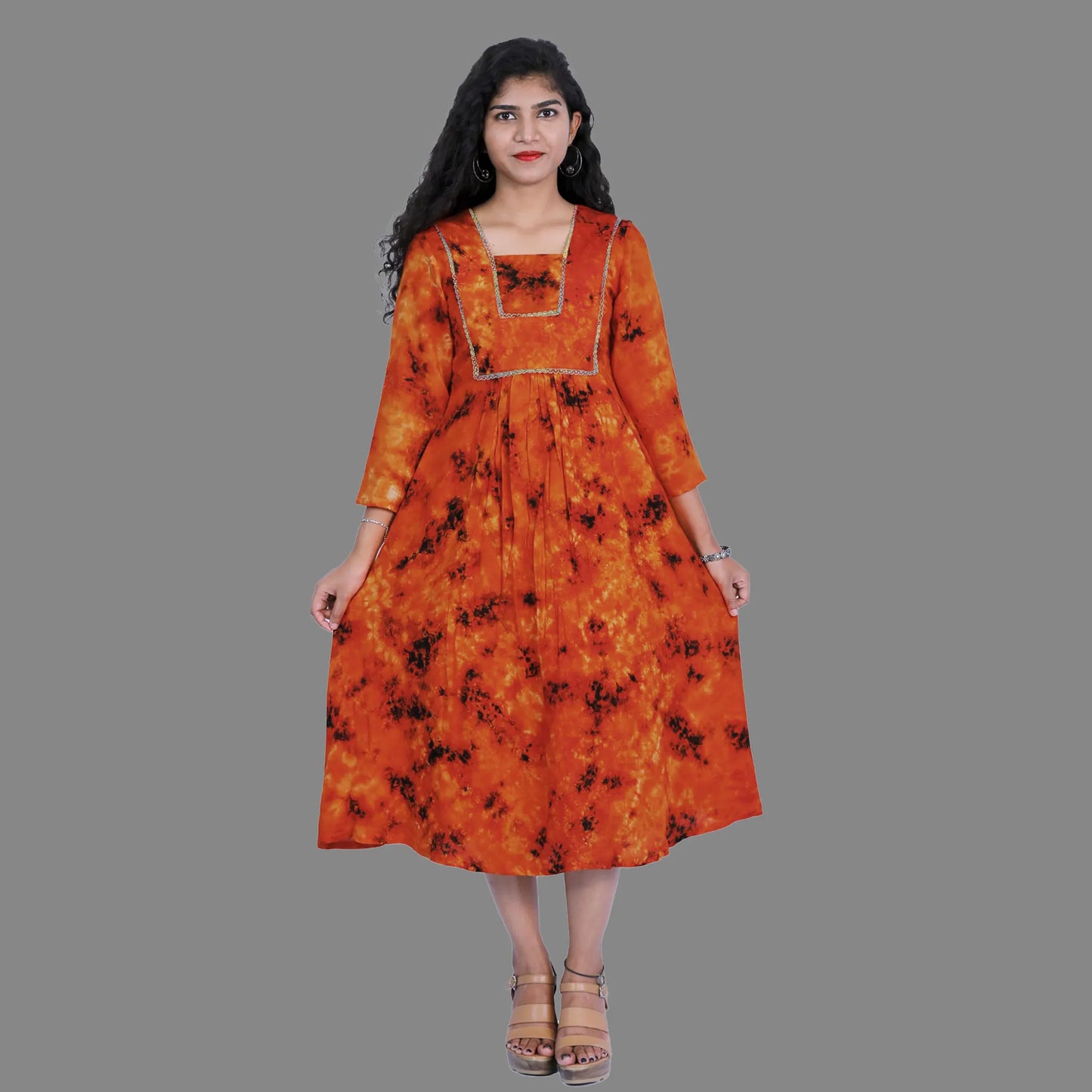 Orange Tie & Die A-line Kurti | S3K341