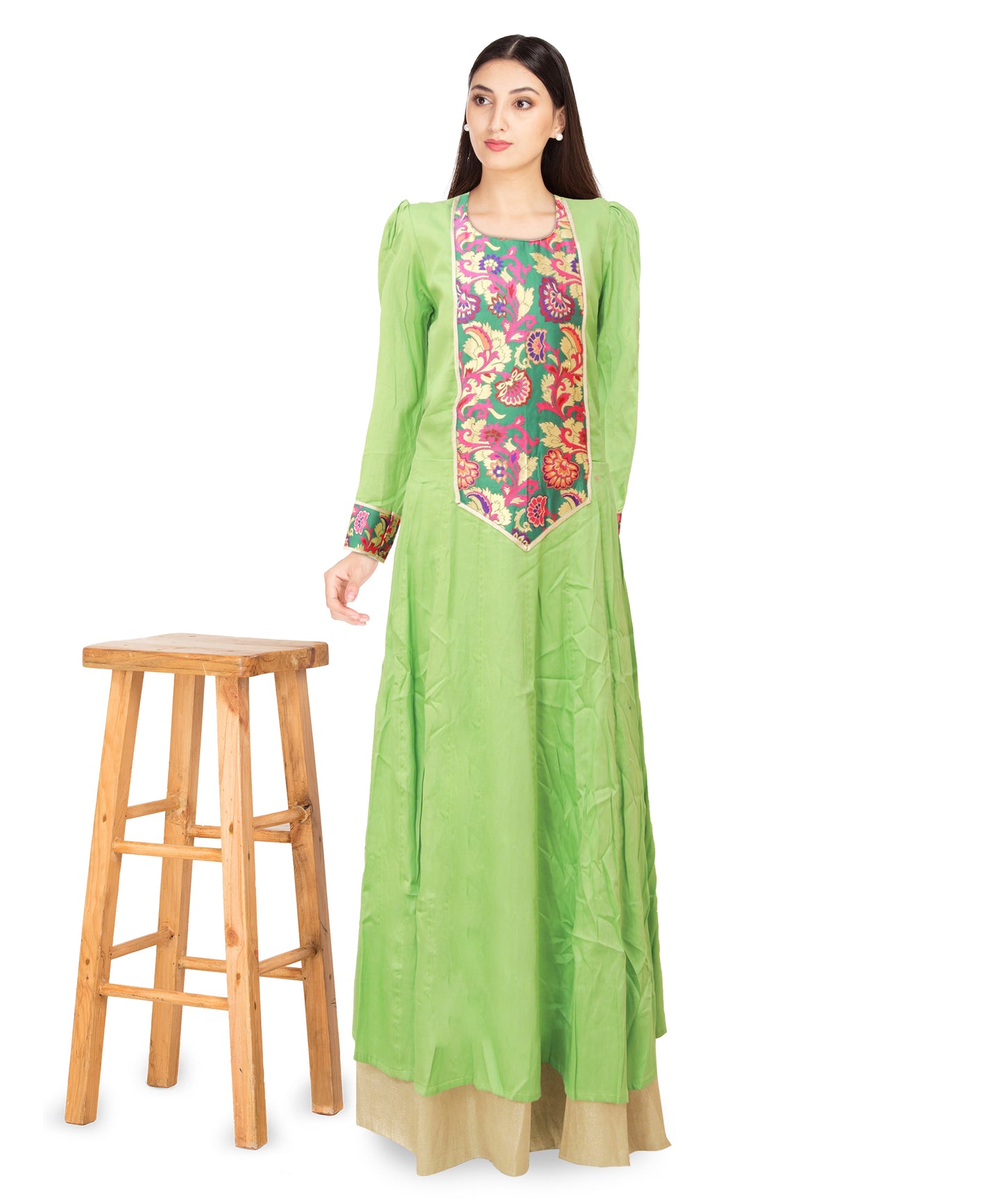 Lime Green Cotton Long Sleeves Anarkali Kurta