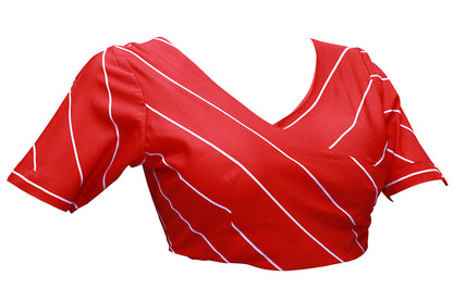 Red Striped V shaped Neck Blouse | S3B9