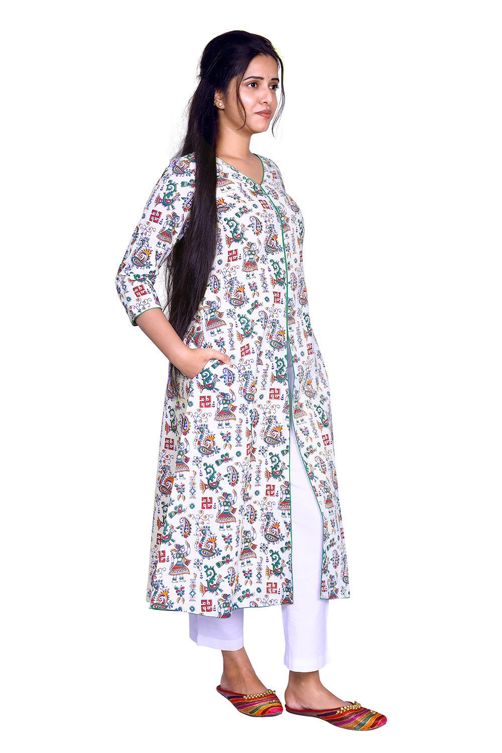 Printed Cotton White Front Slit Kurta | S3K776