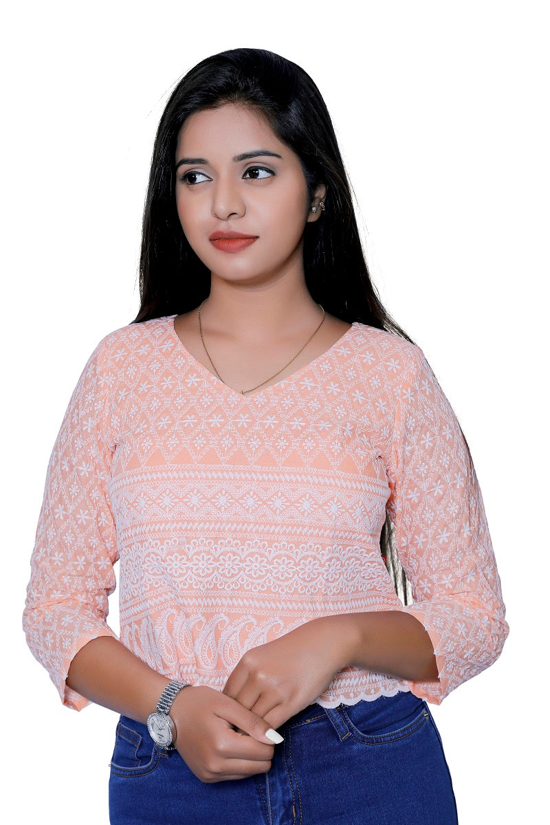 Casual Regular Sleeves Chikankari Embroidered Women Orange Top | S3CT798