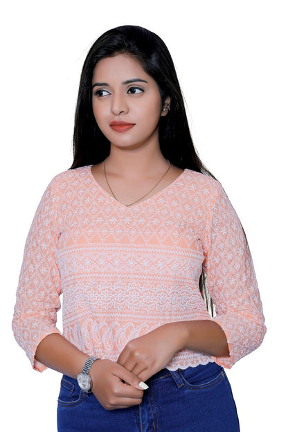 Casual Regular Sleeves Chikankari Embroidered Women Orange Top | S3CT798