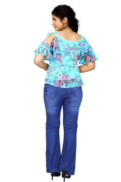 Sky Blue Floral Printed Short Top | S3CT826