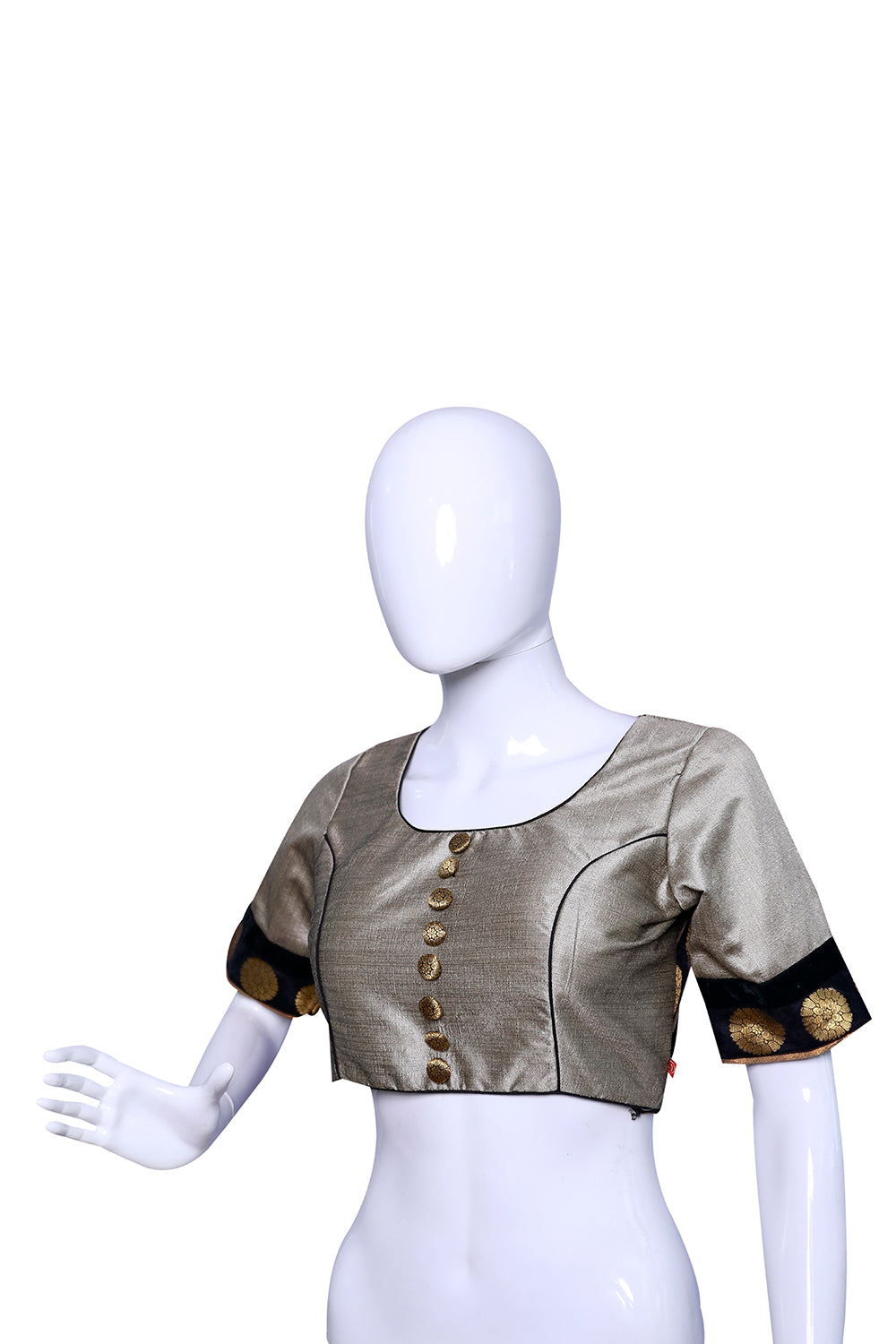 grey Broad Round Neck Princess Cut Embellished buttons with brocade patches Blouse | S3B27