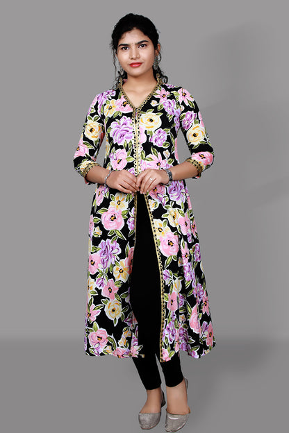Black with Floral Print Middle Slit A Line Kurti | S3K1019