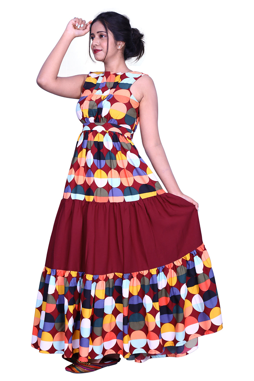 Maroon Printed Crape Straight Gown | S3D375