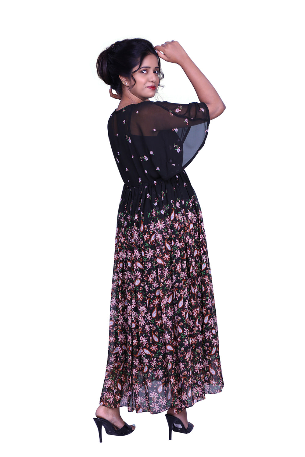 Black Floral Print Gown | S3G877