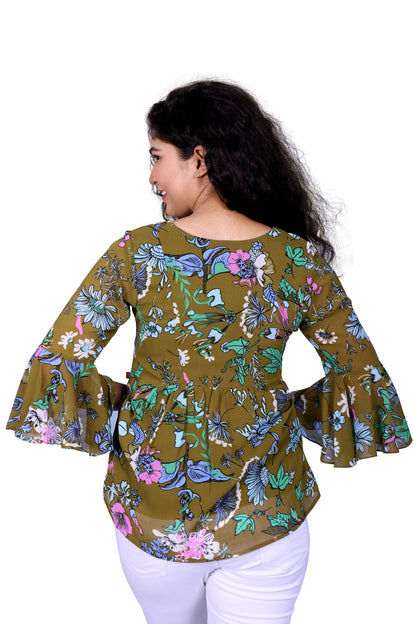 Green Floral Printed Short Top | S3CT814