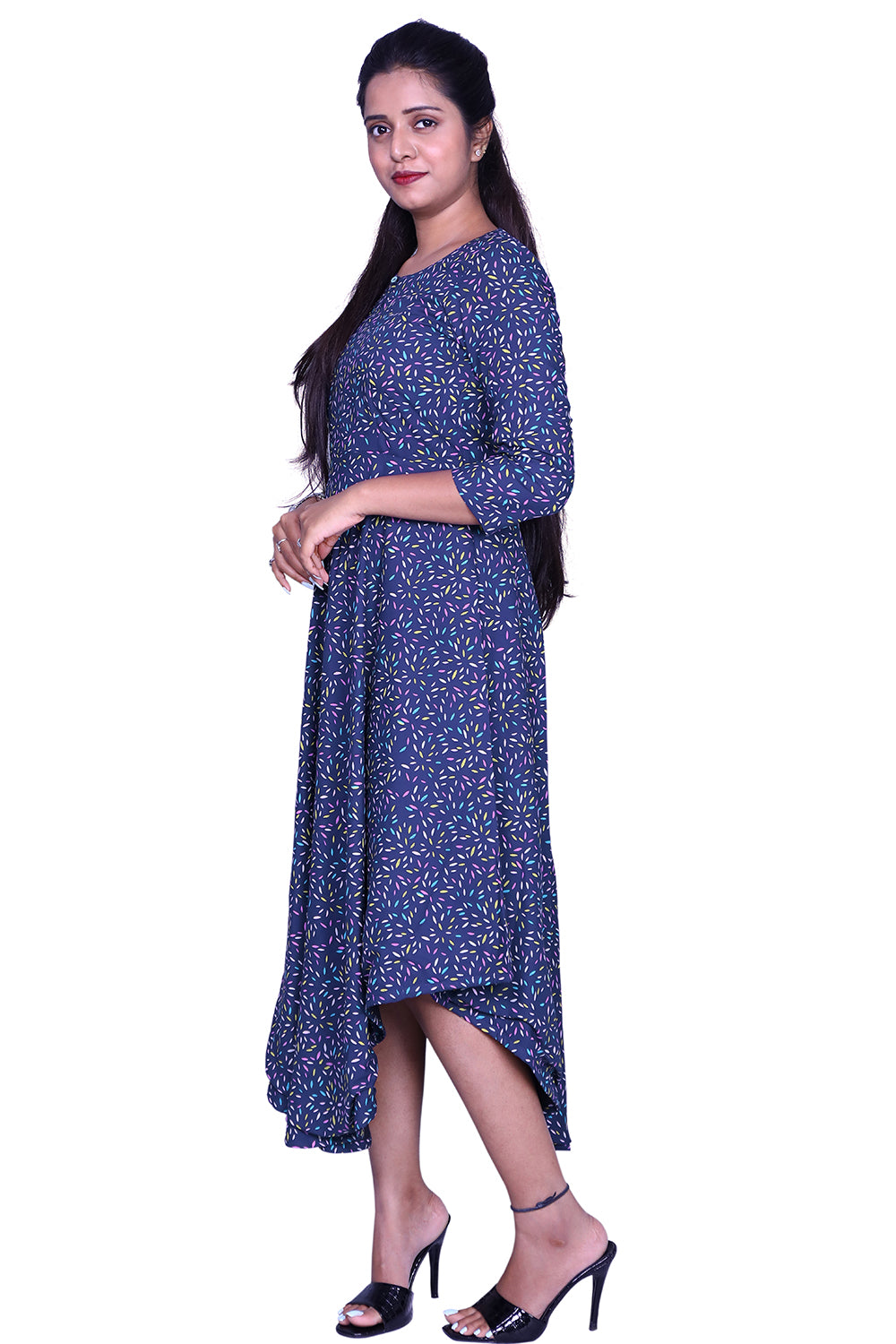 Blue Printed Viscose Rayon Front Keyhole High Low Kurta | S3G869