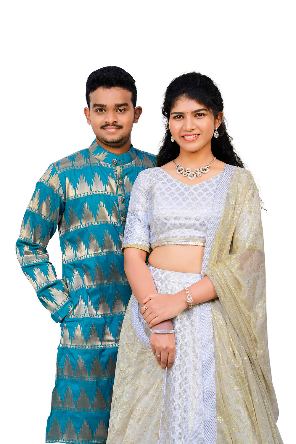 Men's Kurta Pyjama,White&Gold Lehenga Set Wedding Combo | S3WC1