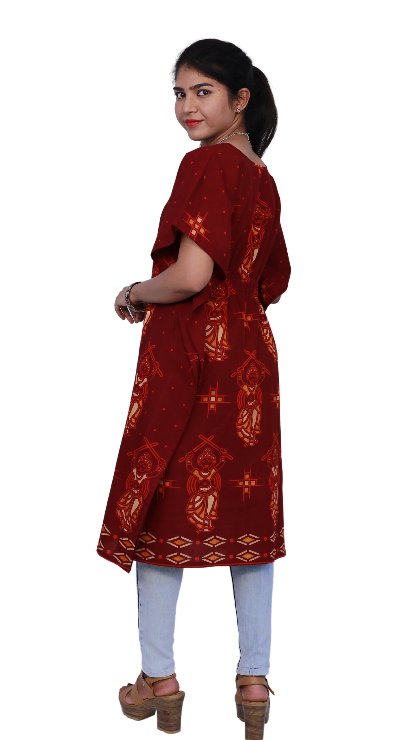 Women Maroon Kalamkari Kaftan Kurta | S3QK493