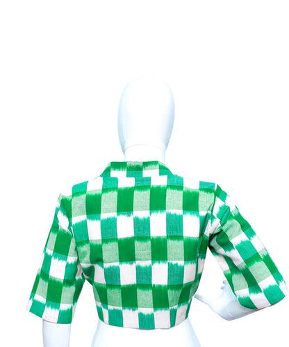 Green and White Checks Collared Neck Blouse  |S3B32