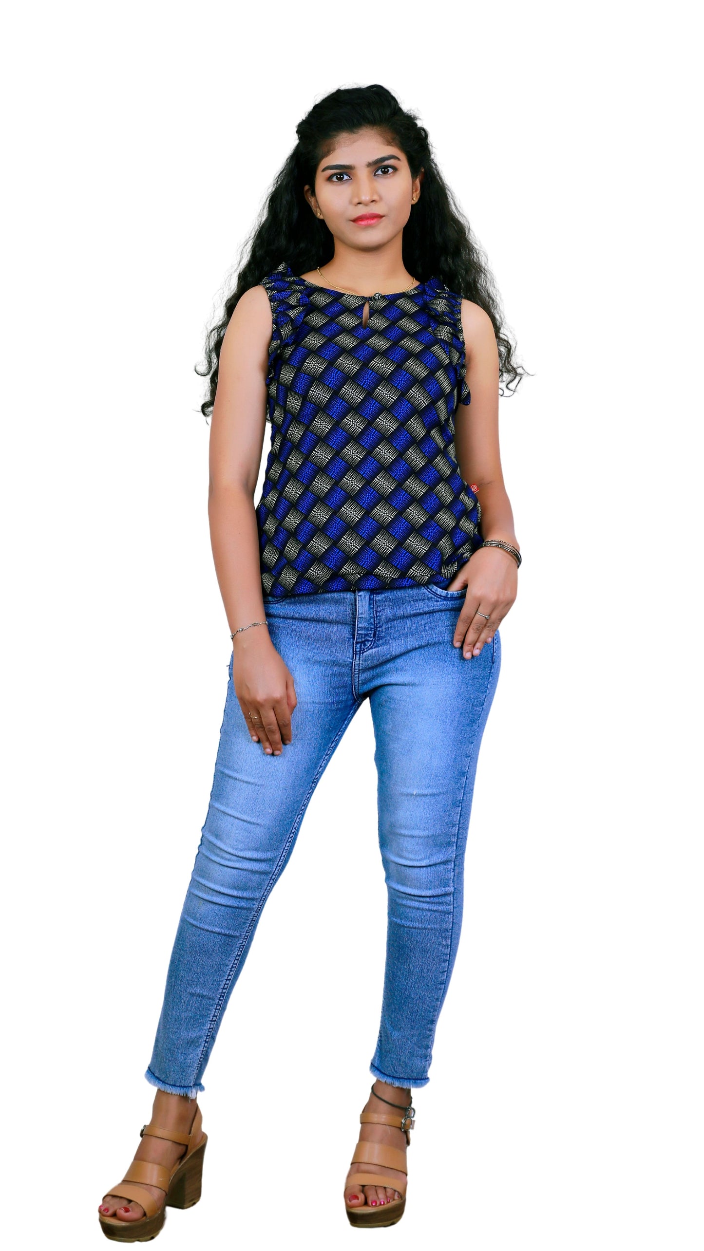 Blue & Cream Ruffles Sleeve Short Top | S3ST246