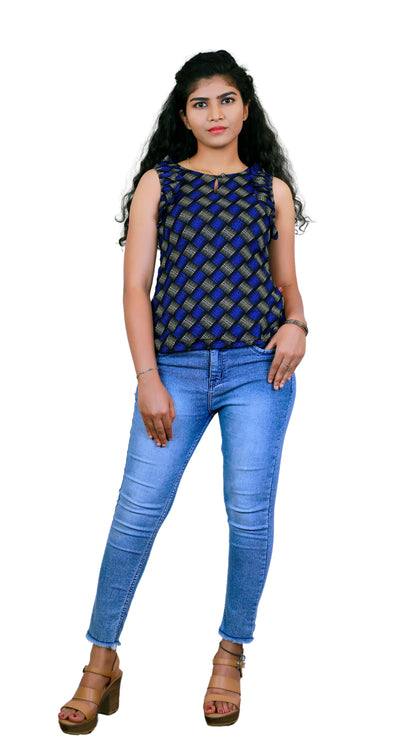 Blue & Cream Ruffles Sleeve Short Top | S3ST246