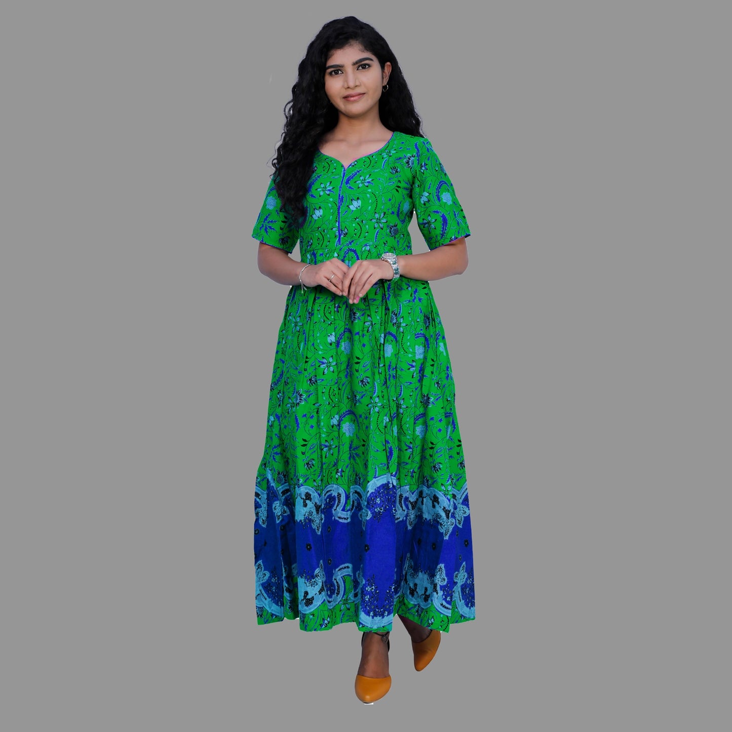 Green and violet leaf print gown | S3G719
