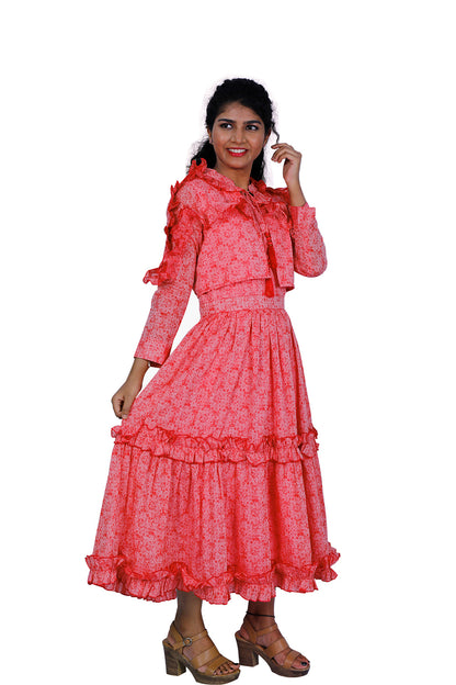 Flamingo Pink Tiered Maxi Dress With Shrug Set | S3W133