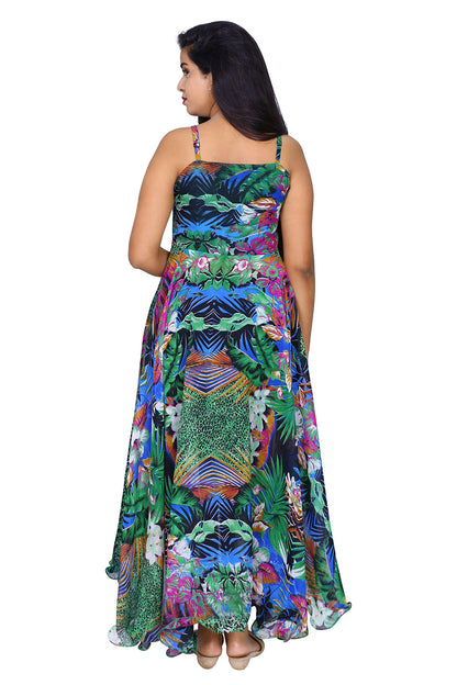 Womens Georgette Green Floral Printed Indo Western Dress | S3G884