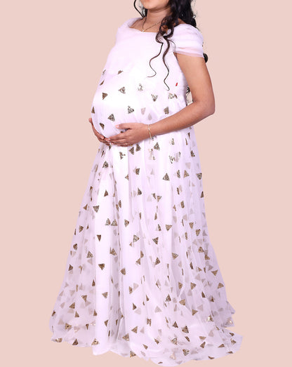Half Shoulder  With Triangle  Sequin Detailing White  Maternity Dress. | S3MG1023