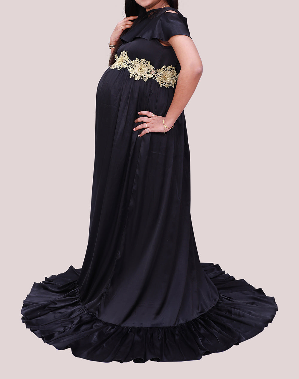 High Round Neck WIth Cold Shoulder Sleeves Party Wear Maternity Gown |  S3MG1039