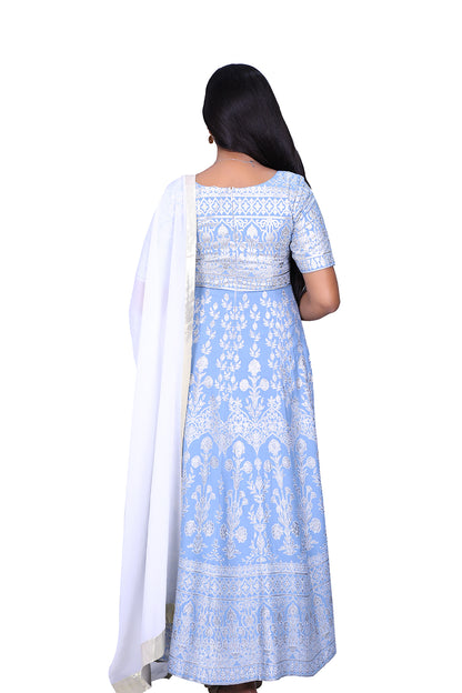 Womens Stone Blue Floral Printed Anarkali Dress with Dupatta  | S3G979