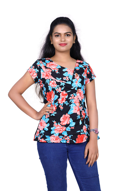 Womens Crape Black Floral Printed Short Top | S3T962