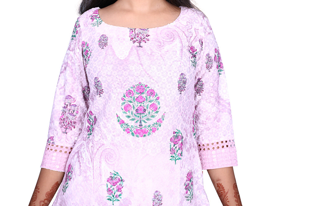 Womens Chikankari Pink Sequin with Thread Embroidery Kurti  | S3K973
