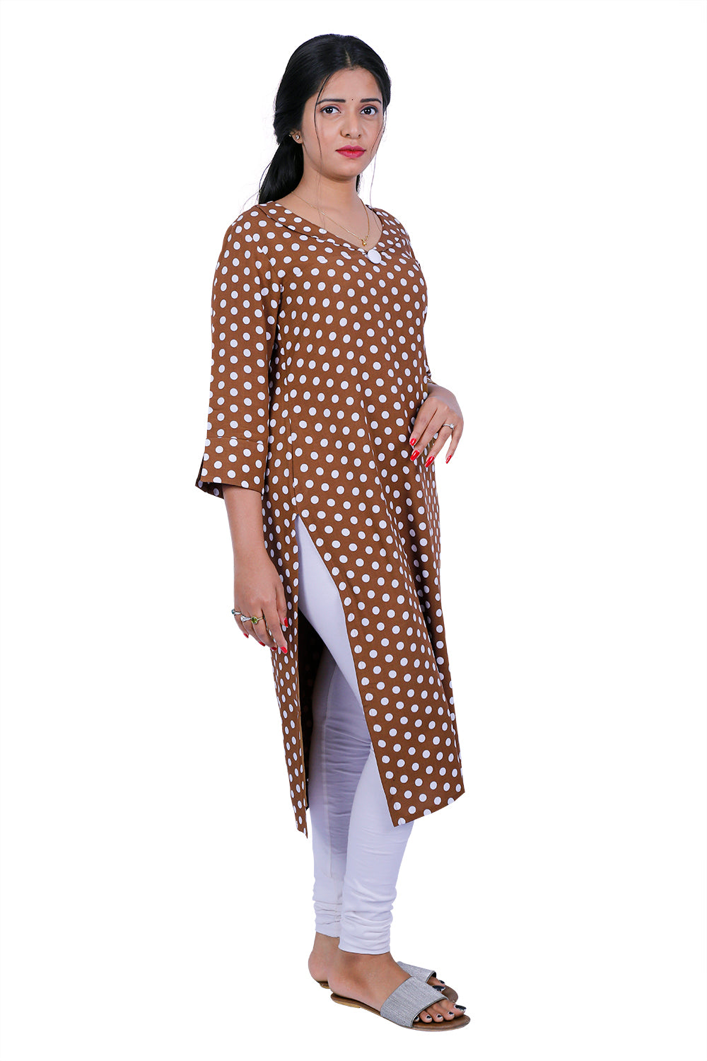 Brown Polka Dot Printed Kurti | S3K066