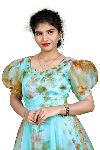 Peacock Blue Organza Floral Printed Gown | S3G843