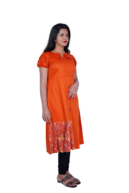 Peter pan Collar Neck with Floral Print Gathered Patch Indo Western Kurti | S3W181