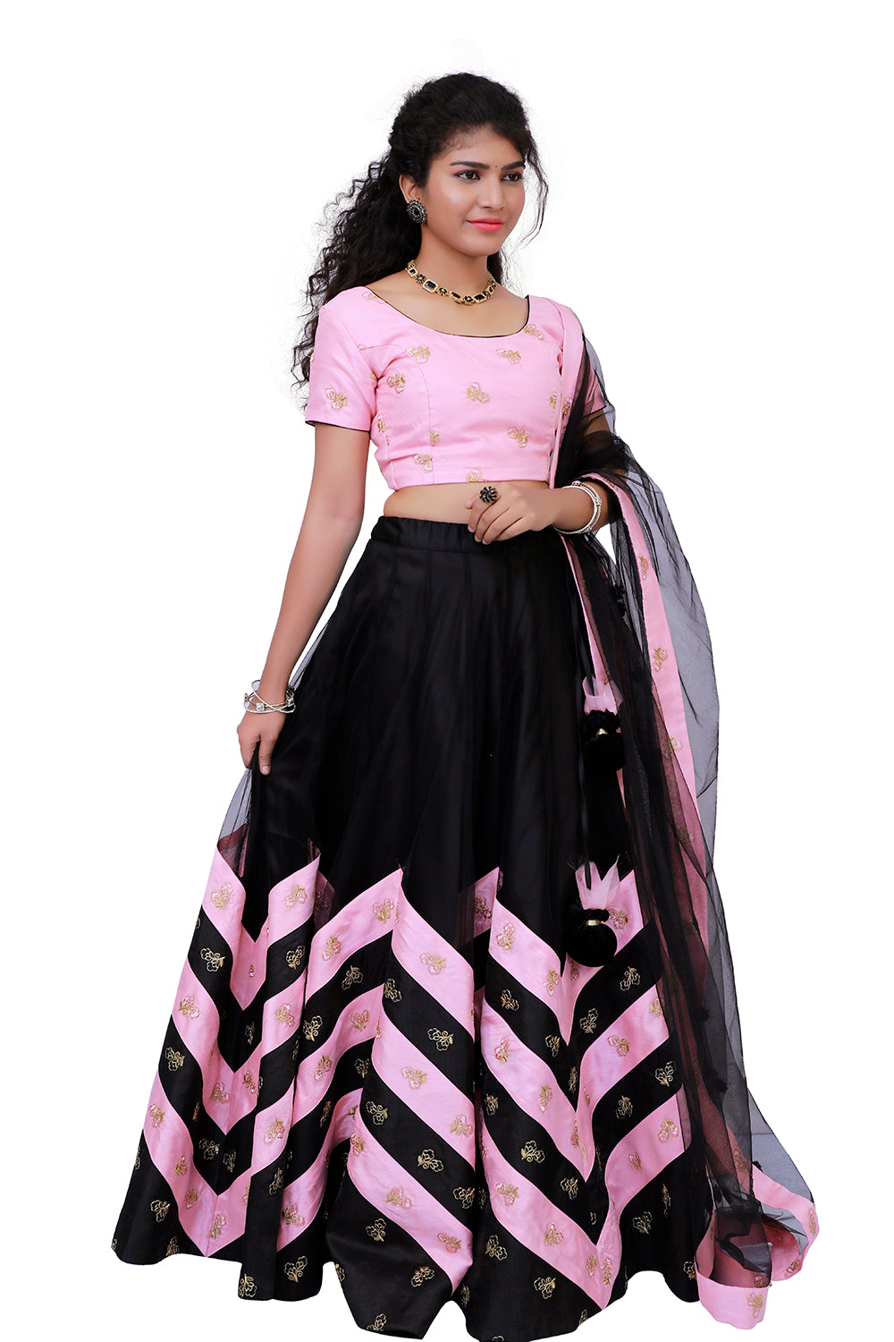 Black and Pink Netted Flared Lehenga Choli | S3BL783