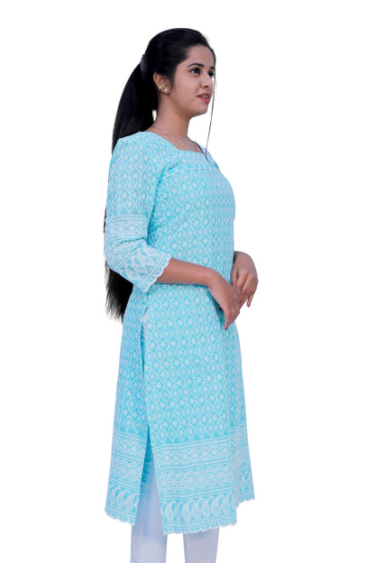 Women Chikan Embroidery A-line Kurta (blue) | S3K638