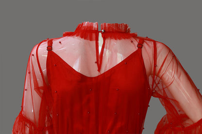 High Neck Pleated Red Net Crop Top  | S3B41