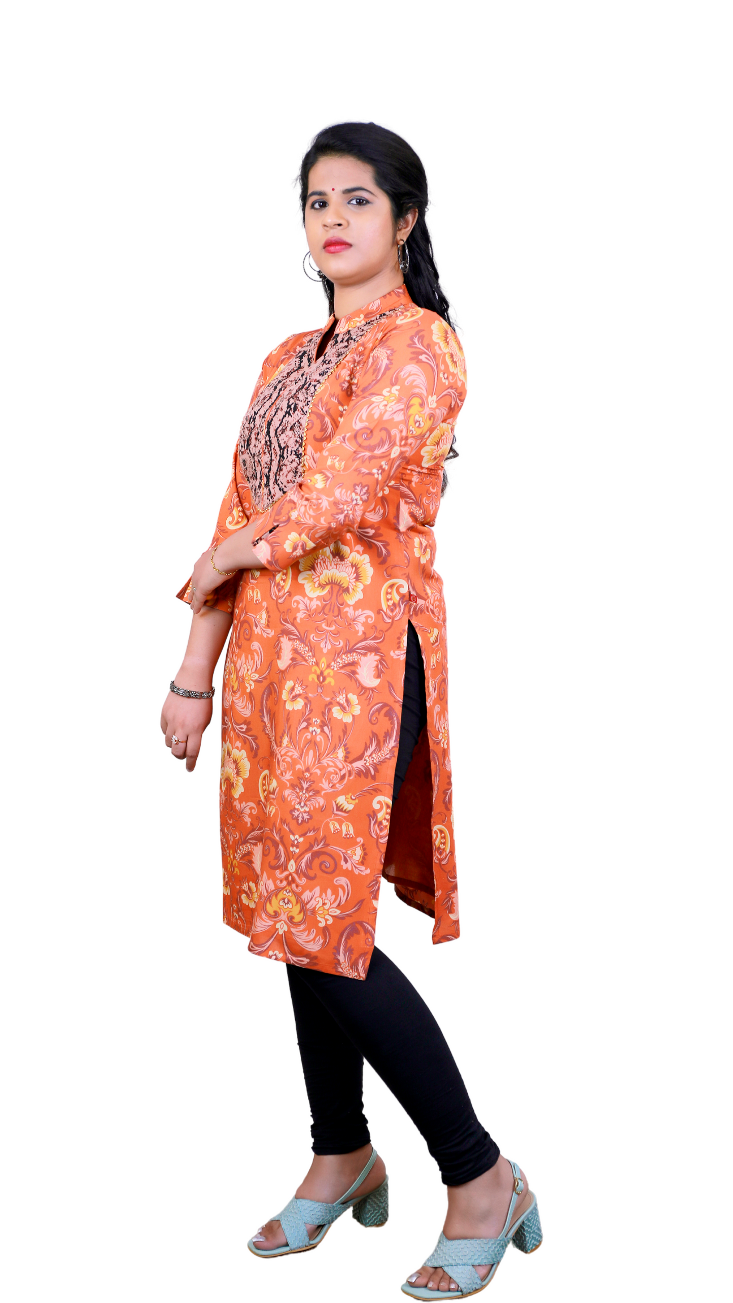 Women's Kalamkari Printed 3/4 Sleeve Plaid Mandarin Collar A-line Kurta | S3X126