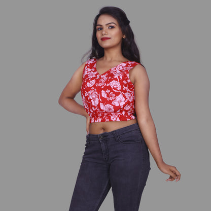 Casual Sleeveless Printed Women Red Top | S3C717