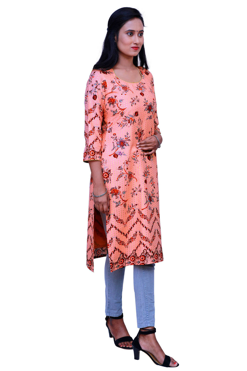 Peach & Gold Ethnic Wear Kurti | 1261244318