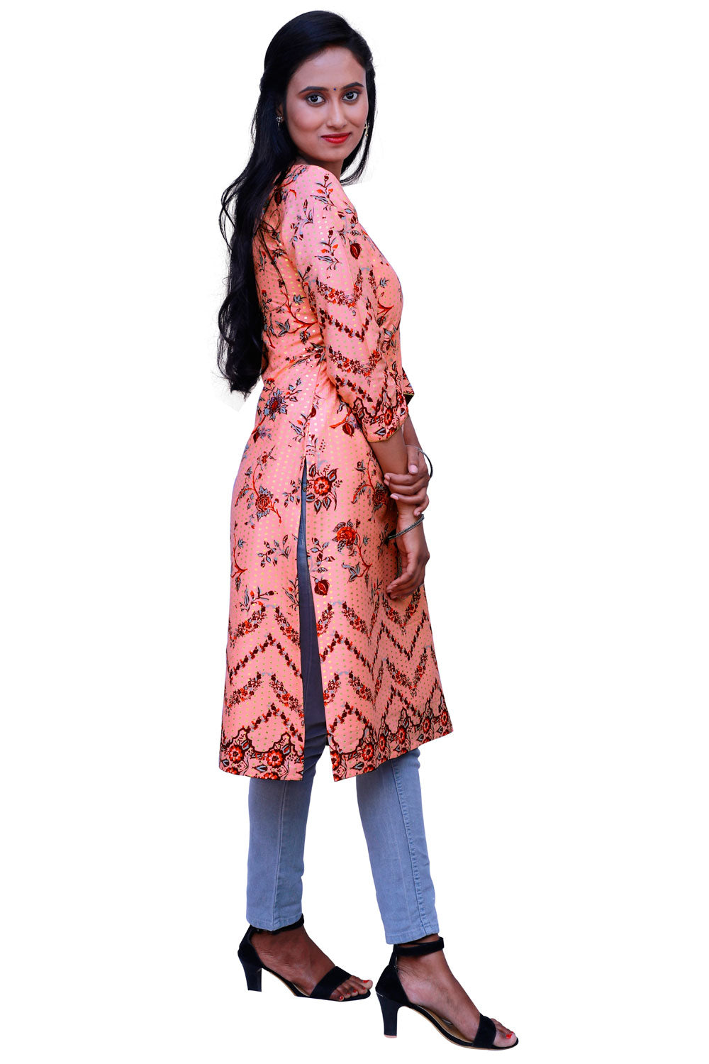 Peach & Gold Ethnic Wear Kurti | 1261244318