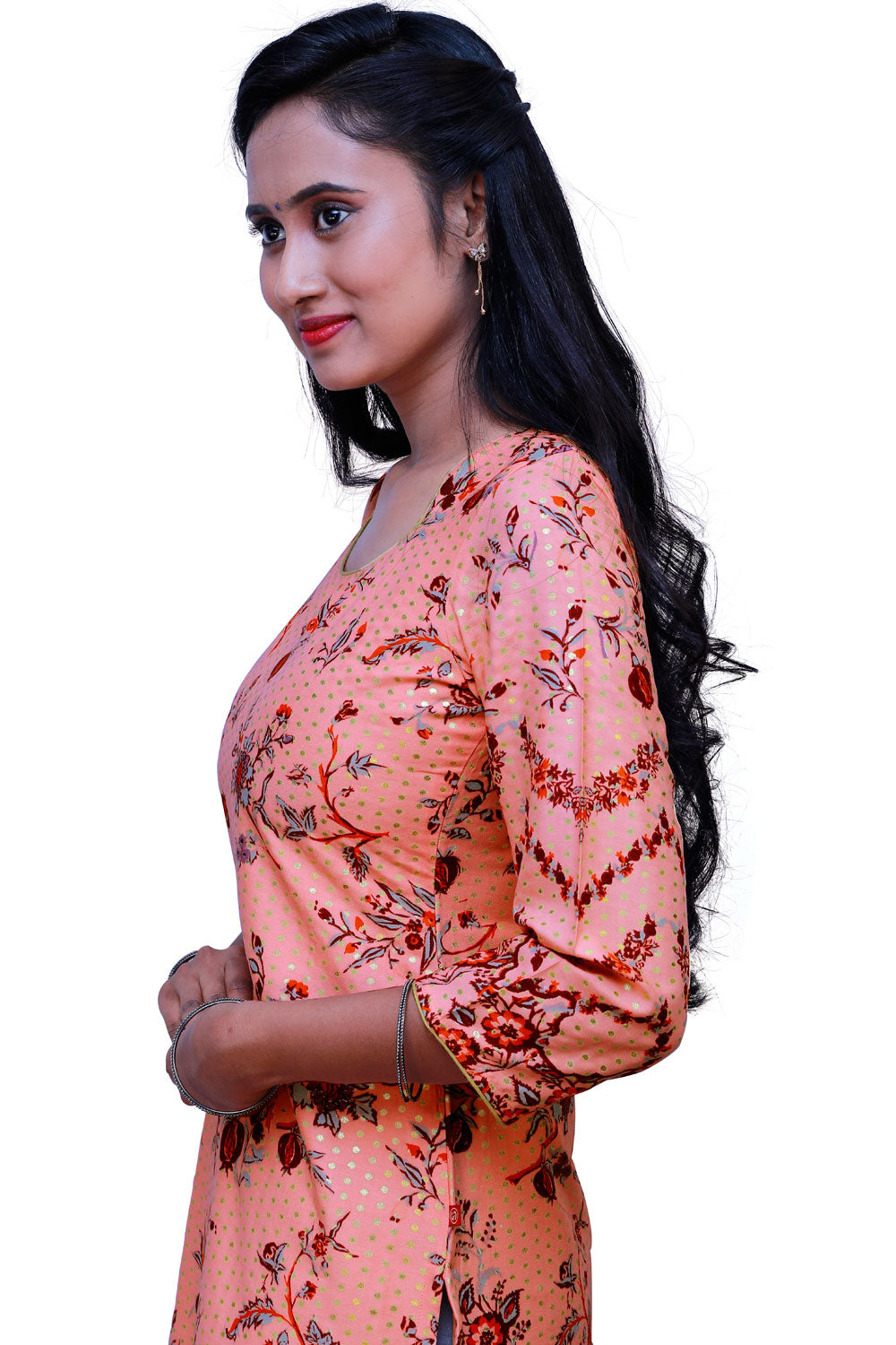 Peach & Gold Ethnic Wear Kurti | 1261244318