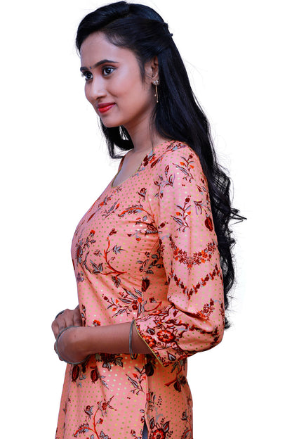 Peach & Gold Ethnic Wear Kurti | 1261244318