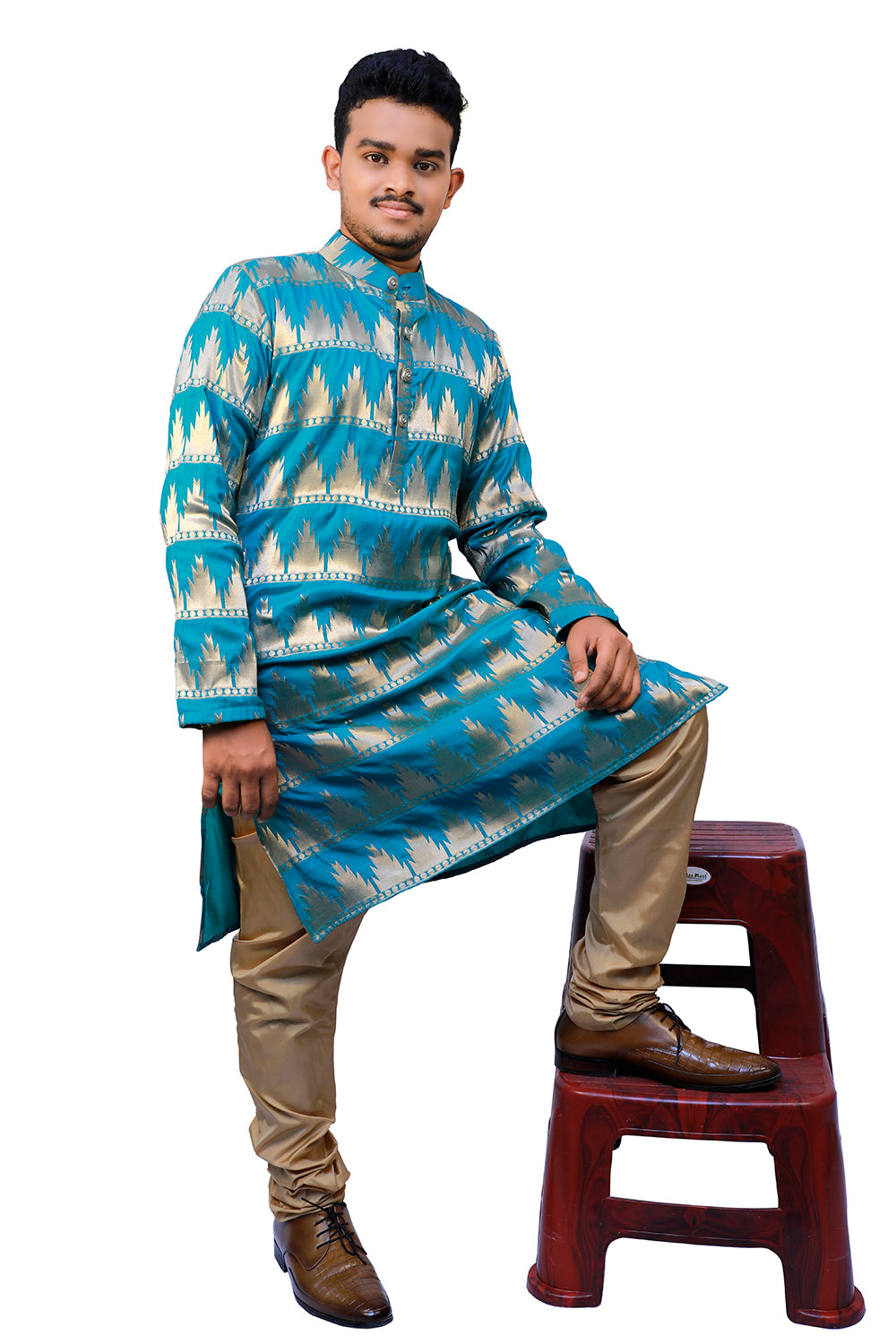 Blue & Gold Printed Kurta Pyjama Set | S3MKS