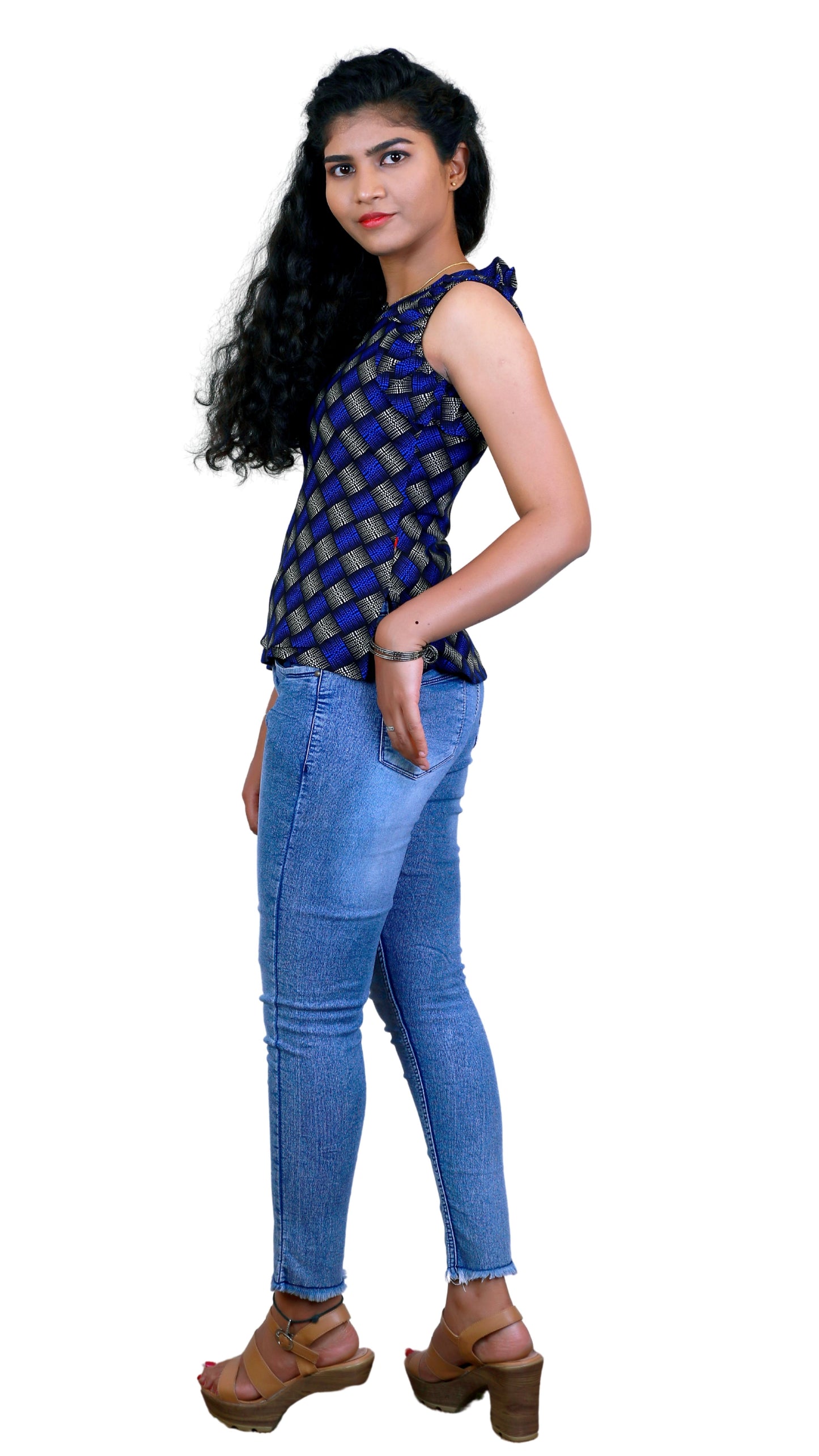 Blue & Cream Ruffles Sleeve Short Top | S3ST246
