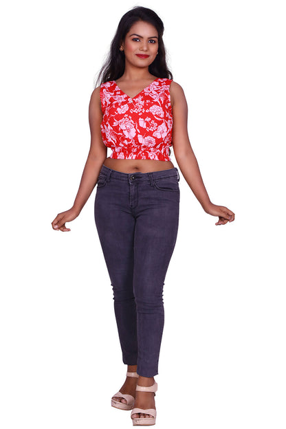 Casual Sleeveless Printed Women Red Top | S3C717
