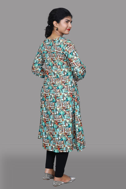 Multi Color Abstract Print A Line Kurti | S3K931