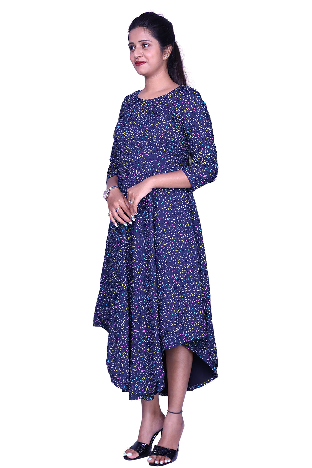 Blue Printed Viscose Rayon Front Keyhole High Low Kurta | S3G869