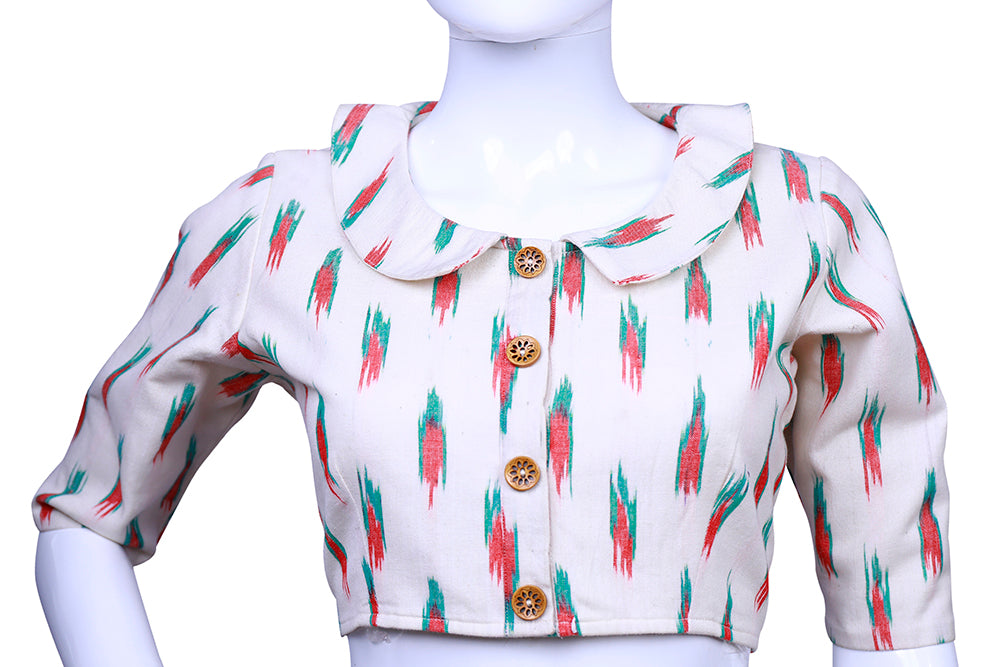 Round Collar Embellished with Wooden buttons Ikat Elbow Sleeves Blouse |  S3B24