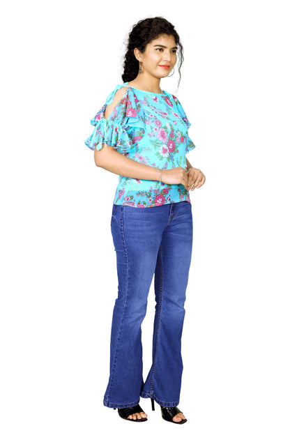 Sky Blue Floral Printed Short Top | S3CT826