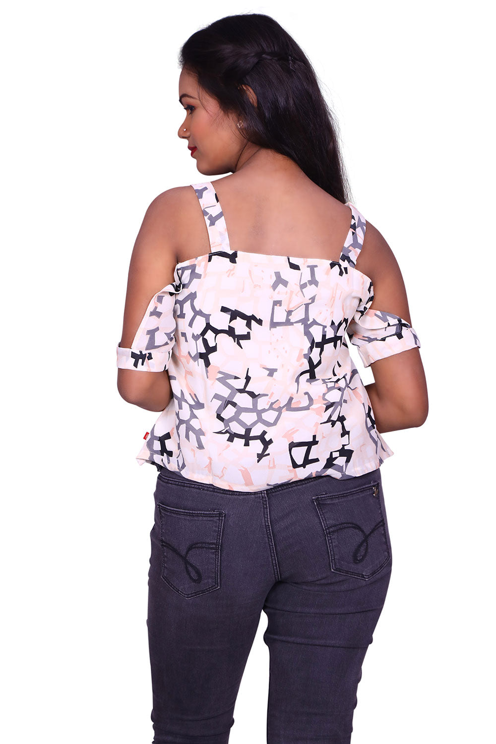 Casual Cold Shoulder Sleeves Printed Women White Top | S3T1002