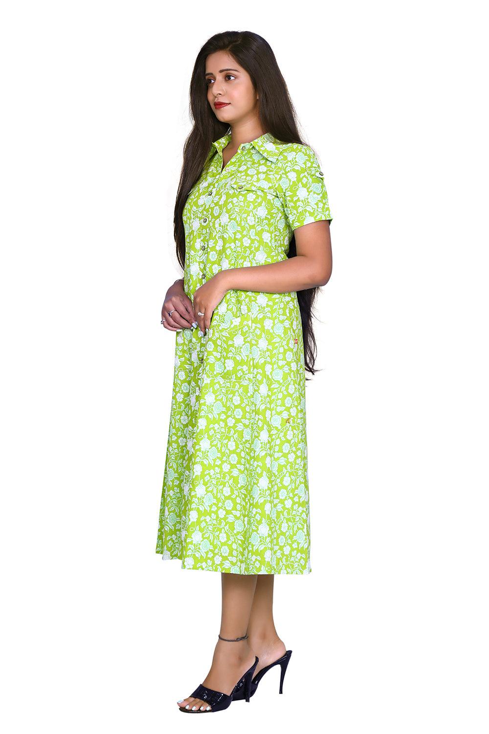 Printed Light Green Cotton Blend A-line Kurta | S3K831