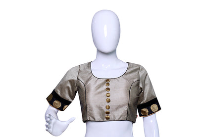 grey Broad Round Neck Princess Cut Embellished buttons with brocade patches Blouse | S3B27