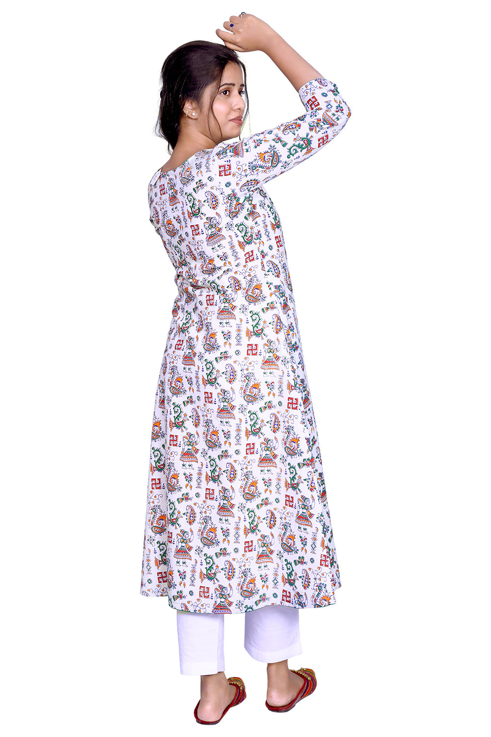 Printed Cotton White Front Slit Kurta | S3K776